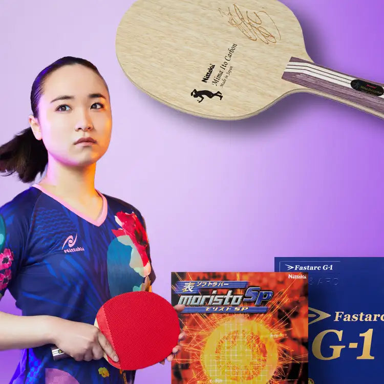 Material von Mima Ito im Angebot. Mima Ito Carbon Tischtennisschlaeger, Fastarc G-1 auf Vorhand und Moristo SP kurze Noppe auf der Rückhand